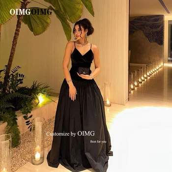 OIMG Basit Siyah Kadife Tafta Uzun Abiye Spagetti Sapanlar Suudi Arapça Kadınlar Örgün Parti Elbise Dubai Balo elbisesi