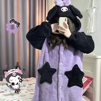Kawaii Sanrio Kuromi Cinnamoroll Benim Melodi Peluş Loungewear kadın Pijama Bornoz Kapşonlu Sevimli Pijama Peluş Uzun Gecelik Hediye