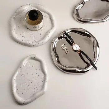 AhenderJıaz Modern gümüş kaplama seramik takı saklama tepsisi ışık lüks kahvaltı tabağı kahve fincanı Mat ev dekorasyon