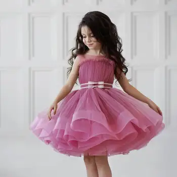 Pembe Çiçek Kız Elbise Kız Parti Elbise Tül Çocuk Doğum Günü Prenses Elbiseler Kabarık Çocuk Elbise Sevimli Çocuk İlk Communion