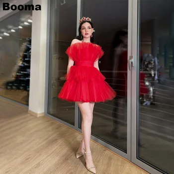 Booma Kırmızı Bir Çizgi Kokteyl Elbiseleri Straplez Katmanlı Tül Mini balo kıyafetleri Doğum Günü Partisi Törenlerinde vestidos de fiesta elegantes