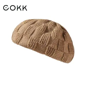 COKK Bere Kadın Kış Şapka Örme Ekose Düz Ressam Kap Bere Femme Sıcak Tutmak Vintage Kış Kap Moda Rahat Gorro Chapeau
