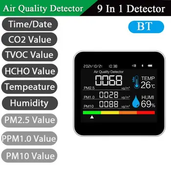 9in1 Hava Kalitesi Monitör CO2 Metre Karbon Dioksit Dedektörü TVOC HCHO PM2. 5 PM1. 0 PM10 Sıcaklık Nem Algılama APP Kontrolü