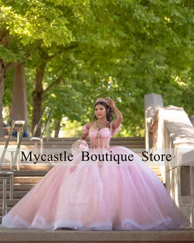 Prenses Çiçekler Açık Pembe Tül Quinceanera Elbiseler 2023 Dantel Aplikler Kapalı Omuz Balo Tatlı 16 Elbise vestidos 16