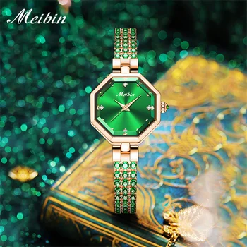 MEIBIN Yeni Moda Yeşil Kuvars Bayan Saatler Top Marka Lüks Takı Bilezik Sekizgen İzle Relogio Feminino