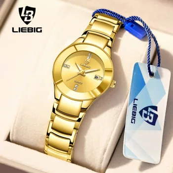 LIEBIG Moda Altın Aydınlık Ekran kuvars saatler Kız Lüks Tam Çelik Kayış Su Geçirmez Kol Saati Kadın Saat reloj hombr