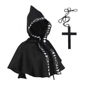 Ortaçağ Grim Reaper Pelerin Cadılar Bayramı Kostümleri Kadınlar için Cosplay Hıristiyan Büyücü Pelerin Çapraz Rahip Cadı Fantezi parti elbisesi