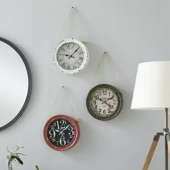White Metal Wall Clock with Rope accents (3 Count) декор на стену Adornos para el hogar modernos para sala Room deco