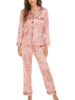 Kadın Dantel Trim Saten Pijama Seti Uzun Kollu ve Düğme Aşağı Ön Zarif Loungewear Gelin Pijama