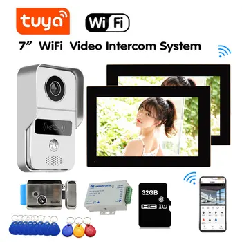 Tuya Akıllı 7 İnç 2 Monitör WiFi 1080P Video Kapı Zili Açık kapı zili kamerası Sistemi İnterkom Endüktif Kart Kilidi İle Kilidini