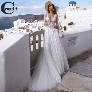 Croadia Pastrol Zarif Moda düğün elbisesi Dantel Seksi V Yaka Mahkemesi Tren Ismarlama Aplikler Robe De Mariée Nişan Artı
