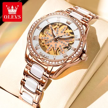 OLEVS 6681 İzle Kadınlar için Otomatik Mekanik Elmas İskelet Gül Altın Butik Seramik Saatler Bayanlar doğum günü hediyesi Seti