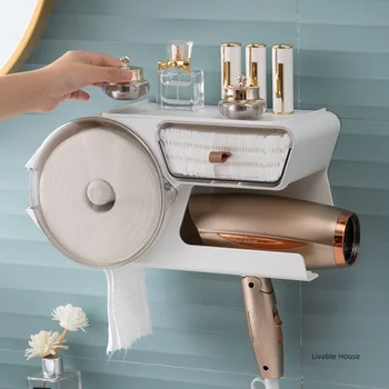 Olmayan delme yüz yıkama havlu depolama rafı saklama kutusu duvara monte depolama rafı saç kurutma makinesi destek rafı kağıt havlu tutacağı