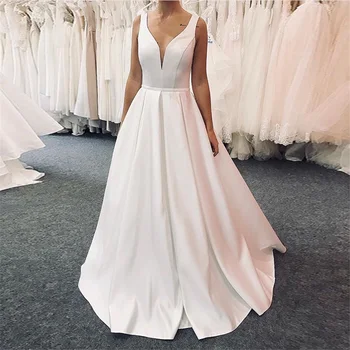 Basit A-line düğün elbisesi Kolsuz Dökümlü Etek Saten Ucuz Gelin Elbise Tam Boy Vestido De Novia Özel Robe De Mariee
