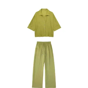 Seti Kadın 2 Parça 2023 Yeni Tatlı Moda Saf Keten Gömlek Bluzlar Vintage Saf Keten Düz pantolon Kadın Gömlek Chic Tops