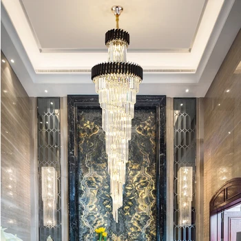 Lüks Dönen Uzun Kristal Avize aydınlatma armatürleri Merdiven Avize Modern Kristal Lamba Otel Villa Altın Tavana Monte