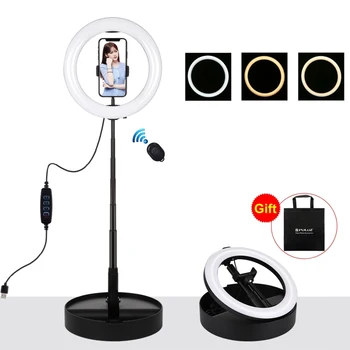 PULUZ 10.2 inç 26cm USB 3 Modları Kısılabilir Çift Renk Sıcaklığı LED Kavisli Halka Selfie Fotoğraf Video ışıkları + Katlanır Tutucu