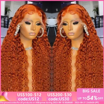 Zencefil Turuncu 13x6 Şeffaf Derin Dalga dantel ön Peruk Vurgulamak Renkli Dantel ön peruk Su kıvırcık insan saçı Peruk Kadınlar için
