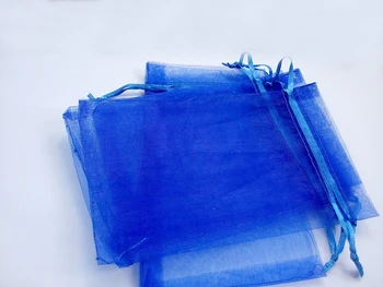 50 adet 9*12 Mavi küçük hediye keseleri takı/düğün/noel/doğum günü organze çantalar kolları ile Ambalaj İplik çanta