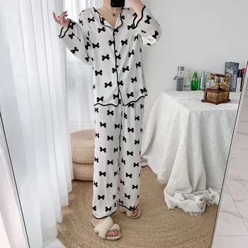 Yeni Uzun Kollu İlkbahar Ve Sonbahar İnce kadın İpek Ev Giyim Seti Çok serisi Rahat 2 parça Pijama Seti