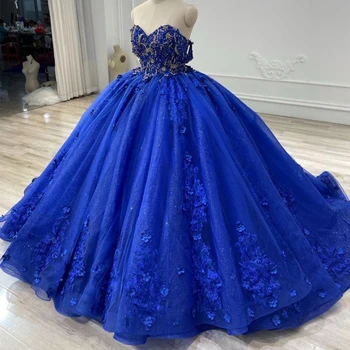 Lüks Lacivert Quinceanera Elbiseler 2023 Balo 3D Çiçek Aplike Kristal Tatlı 16 Elbiseler Dantel-Up doğum günü partisi elbisesi