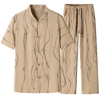 2 Adet / takım Yaz erkek Takım Elbise Elastik Bel Casual Streetwear Kıyafet Erkekler İş Kısa Kollu Gömlek Uzun pantolon seti Erkek Giyim