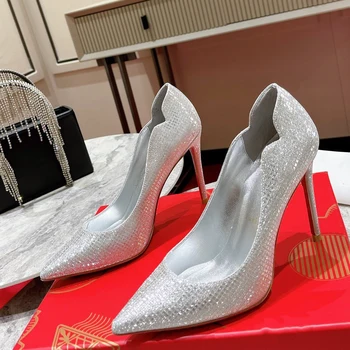 En Kaliteli Bayan Yüksek Topuklu Lüks Moda Bayanlar Kristal Glisten Kırmızı Taban Ayakkabı Klasik Retro Tasarımcı 10 cm Yüksek Topuk 1228HJ