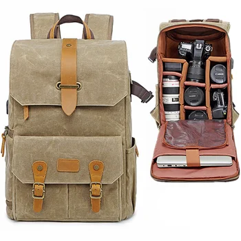 Fotoğraf Retro Su Geçirmez Batik keten sırt çantası w USB Portu fit 15.6 inç Dizüstü Erkek kamera çantası Taşıma Çantası Canon Nikon DSLR için