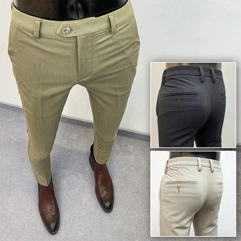 2023 Sonbahar Kış Yeni Düz Renk Orta bel İş Resmi Sosyal Takım Elbise Pantolon Erkekler İnce Rahat Parti Küçük Ayak Pantolon Boyutu 36-28
