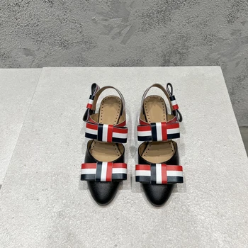 TB THOM kadın Yay Düşük topuklu Retro Sandalet 2023 Sonbahar ve Kış İngiliz Tarzı Vintage Brogue Oyma Düz deri ayakkabı