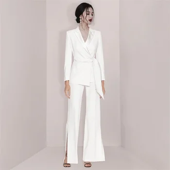 Beyaz Kadın Takım Elbise Düğün İçin Set Bahar Blazer + Bölünmüş Flare Pantolon 2 Adet Resmi Ofis Ceket Bel Balo Elbise t Stokta