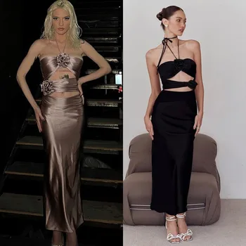 Saten Seksi Kılıf Balo Elbise Halter Askı Hollow 3D Çiçek Kolsuz Uzun Parti gece elbisesi 100% Gerçek Fotoğraf Stokta