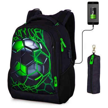 Ortopedik okul çantası Erkekler İçin 3D Futbol Sırt Çantaları Öğrenciler USB Şarj Çok Fonksiyonlu Sırt Çantası Gençler Bookbag Mochilas