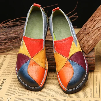 2020 Kadın Loafer'lar Yamalar dikiş düz ayakkabı Kadın Yaz Flats Yumuşak Şeker renkler Hakiki Deri Moccasins Loafer'lar
