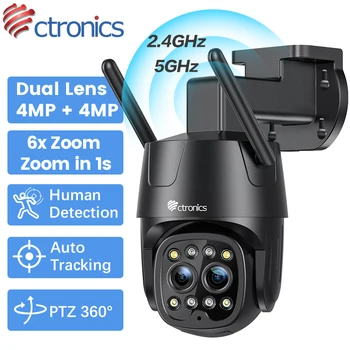 Ctronics Çift Lens 4MP + 4MP 5GHz WiFi Kamera Açık 360 6X Zoom Güvenlik IP Kamera AI İnsan İzleme CCTV Renkli Gece Görüş