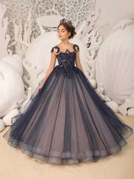 Zarif Siyah Çiçek Kız Elbise Düğün için Dantel Balo Tül Kolsuz Kızlar için İlk Komünyon Pageant Elbise
