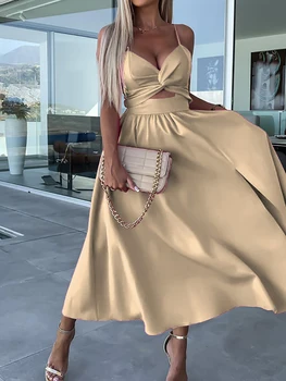 Kadın Yaz Moda Loungewear Maxi Elbise Katı Derin V Yaka Hollow Out Backless Zarif Bayanlar Parti Elbise Streetwear Vestidos
