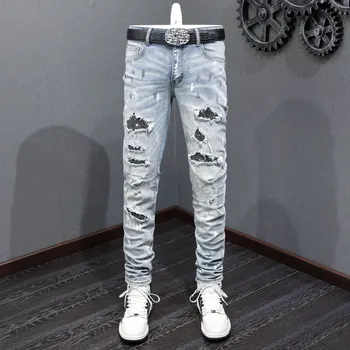 Streetwear Moda Erkek Kot Retro Mavi Streç Skinny Fit Boyalı Yırtık Kot Erkekler Boncuk Yamalı Tasarımcı Hip Hop Marka Pantolon