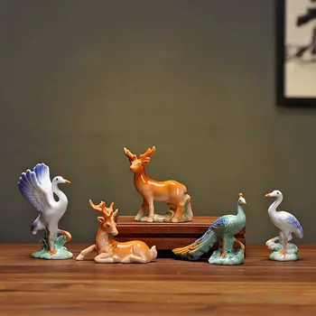 1 adet Seramik küçük hayvan heykel süsler tavuskuşu geyik vinç ev çay masası süsler seramik küçük el sanatları