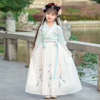 Çocuklar Antik Hanfu Kostüm Tang Takım Elbise Peri dans elbiseleri Sahne Giyim Kız Çin Geleneksel Prenses Çiçek Nakış Elbise