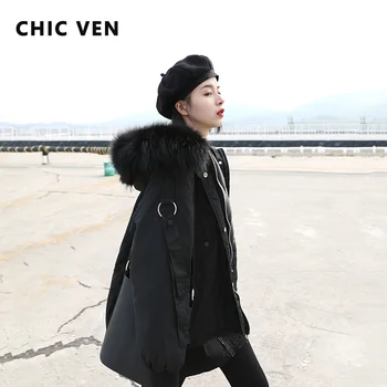 ŞIK VEN Kore Rahat Kapşonlu Kış uzun kaban Düz Renk Kürk Yaka Kabarık Sıcak Beyaz Aşağı ceket Kalın Kadın Parkas Üst