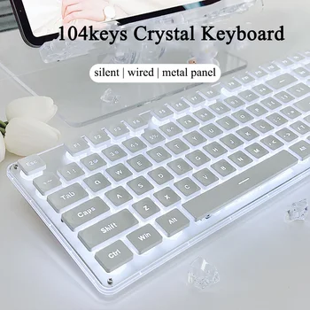 104 Tuşları Oyun Kristal Klavye RGB Arkadan Aydınlatmalı İnce Sessiz Tuş Takımı Metal Panel USB Kablolu Kız Oyun Klavyesi Bilgisayar Dizüstü PC İçin