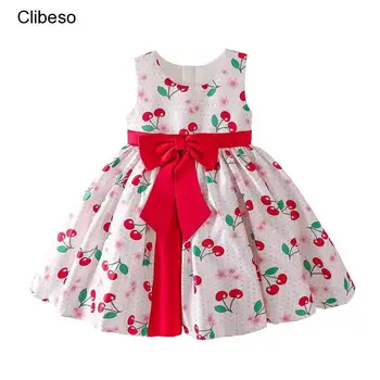 2023 Bebek Kız yaz elbisesi Çocuklar Kiraz Baskılı Kolsuz Sundress Yay ile Çocuk Kız Partysu günlük elbiseler Bebek Balo