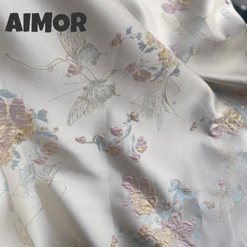 Kelebek Altın İpek Jakarlı Brokar Kumaş Çin Tarzı Elbise Gömlek Atmak Yastık Minder Perde DIY Dikiş Kumaş Metre