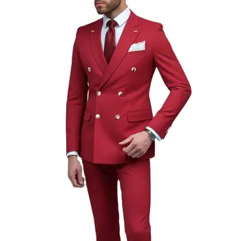 Kırmızı Kraliyet Mavi Lacivert Çentik Yaka Kruvaze erkek Takım Elbise Seti Düğün Smokin Blazer Balo Takım Elbise 2 Adet (ceket + Pantolon)
