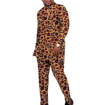 Afrika Tarzı erkek Damat Takım Elbise Nijeryalı Moda Baskı Uzun Kollu Gömlek Yama Elastik Bel Pantolon Düğün Parti Kıyafetleri