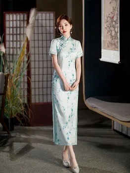Yourqıpao 2023 Yaz Uzun İpek Yeşil Cheongsam Seyahat Fotoğraf Zarif Moda Qipao Çin Tarzı Akşam düğün elbisesi Kadınlar için