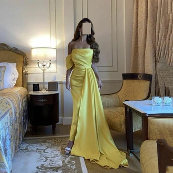 Msıkoods Sarı Saten Resmi Uzun Abiye Mermaid Bir Omuz Parti Kıyafeti 2023 Balo Elbise Suudi Arabric Kadınlar İçin