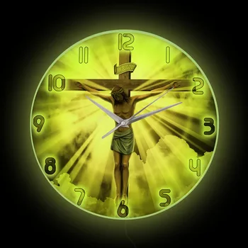 İsa Mesih Çapraz LED Aydınlatma duvar saati Iyi Cuma Calvary Neon Burcu Hıristiyan Tanrı Namaz Ev Dekor Saat Glow karanlık