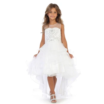 2021 Yeni Güzel Satılık Yüksek Düşük Çiçek Kız Elbise Beyaz Kolsuz Katmanlı Etek Komünyon Abiye O Boyun Boncuk